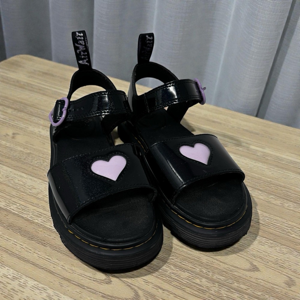 Dr. Martens Black Sandals with Pink Heart Accents